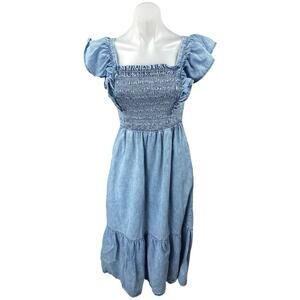 Gap Blue Denim Chambray Smocked Flutter Sleeve Ruffle Midi A-line Dress Size XS